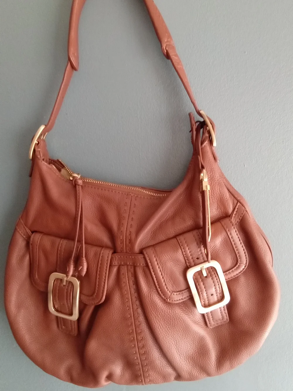 Cole Haan Cognac Brown Pebbled Leather Hobo Shoulder Bag with Buckle Pockets